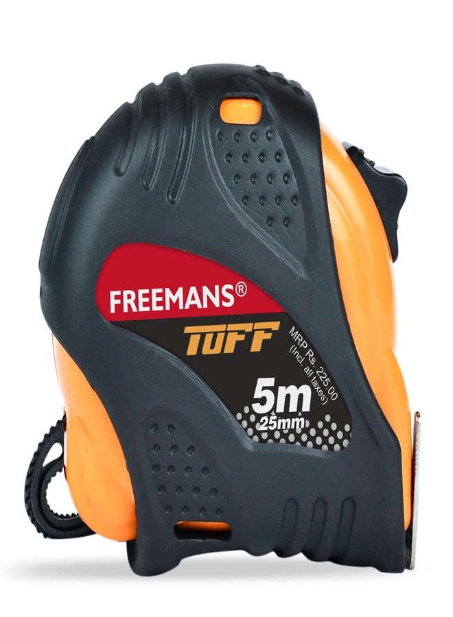 FREEMANS TUFF 5m:25mm Steel Inchi Measuring Tape - 5m with a Non Slip Rubber Covered ABS case || Double Side Printing || Click Action Front Lock and Belt Clip - Image 1